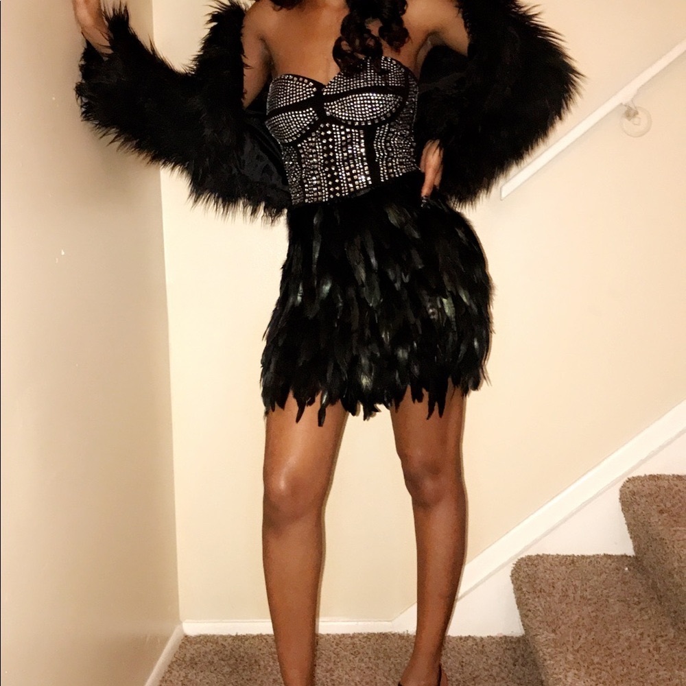 Feathered mini dress with rhinestones